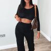 Clothing Rebellious Fashion | Black Velour Crop Top Wide Leg Trouser Co-Ord - Salina