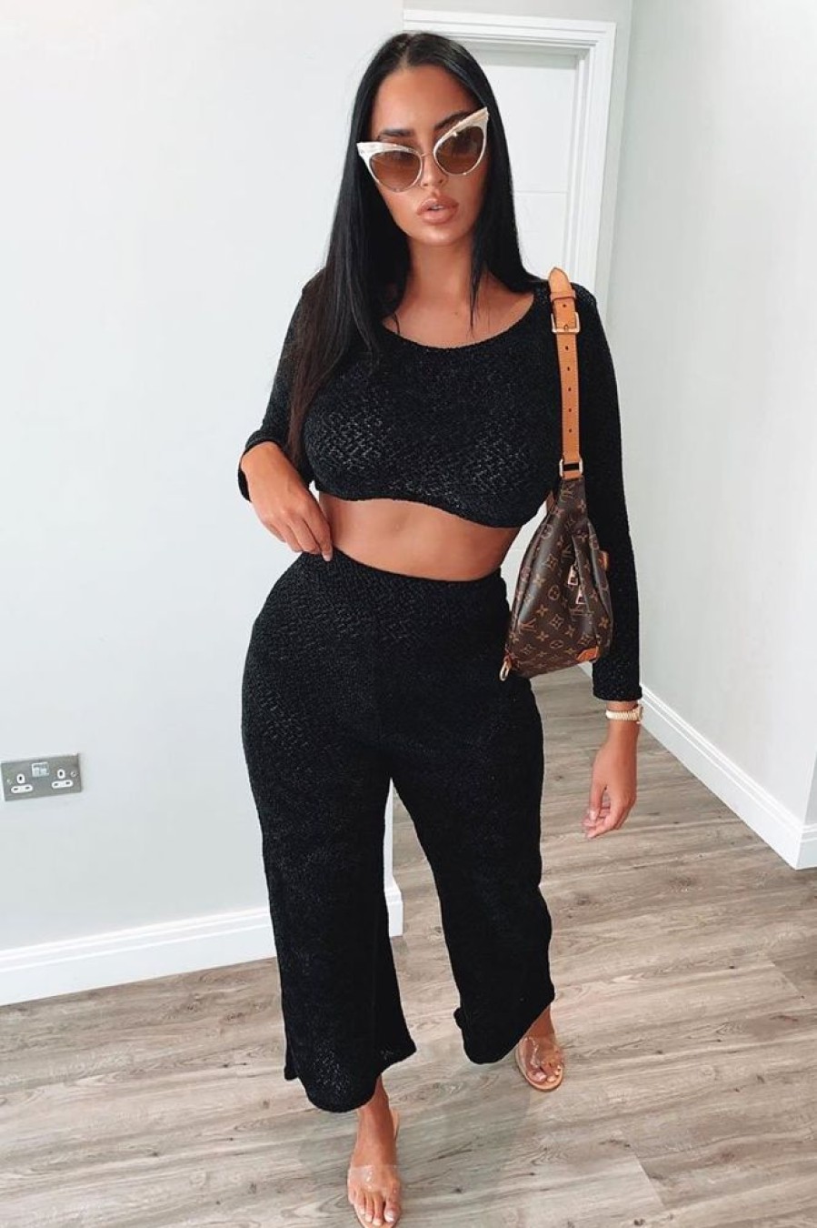 Clothing Rebellious Fashion | Black Velour Crop Top Wide Leg Trouser Co-Ord - Salina