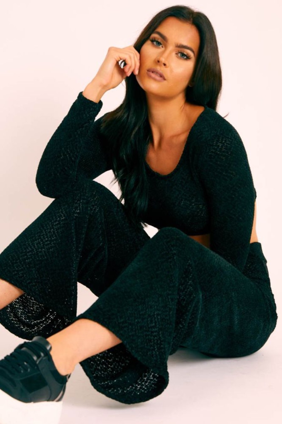 Clothing Rebellious Fashion | Black Velour Crop Top Wide Leg Trouser Co-Ord - Salina