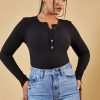 Clothing Rebellious Fashion | Black Rib Knit Button Up Front Bodysuit - Scottie