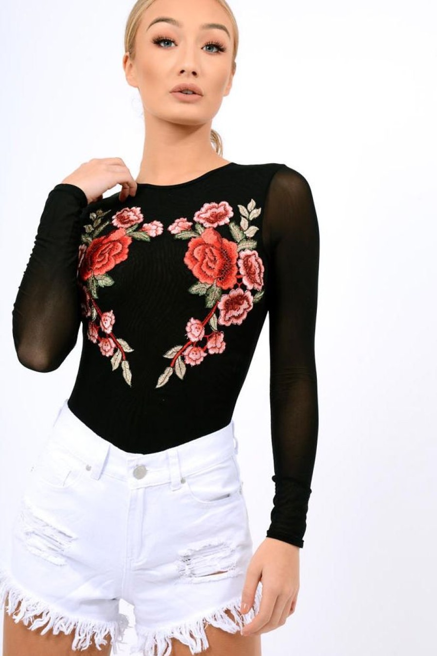 Clothing Rebellious Fashion | Black Long Sleeves Floral Mesh Bodysuit - Daphne