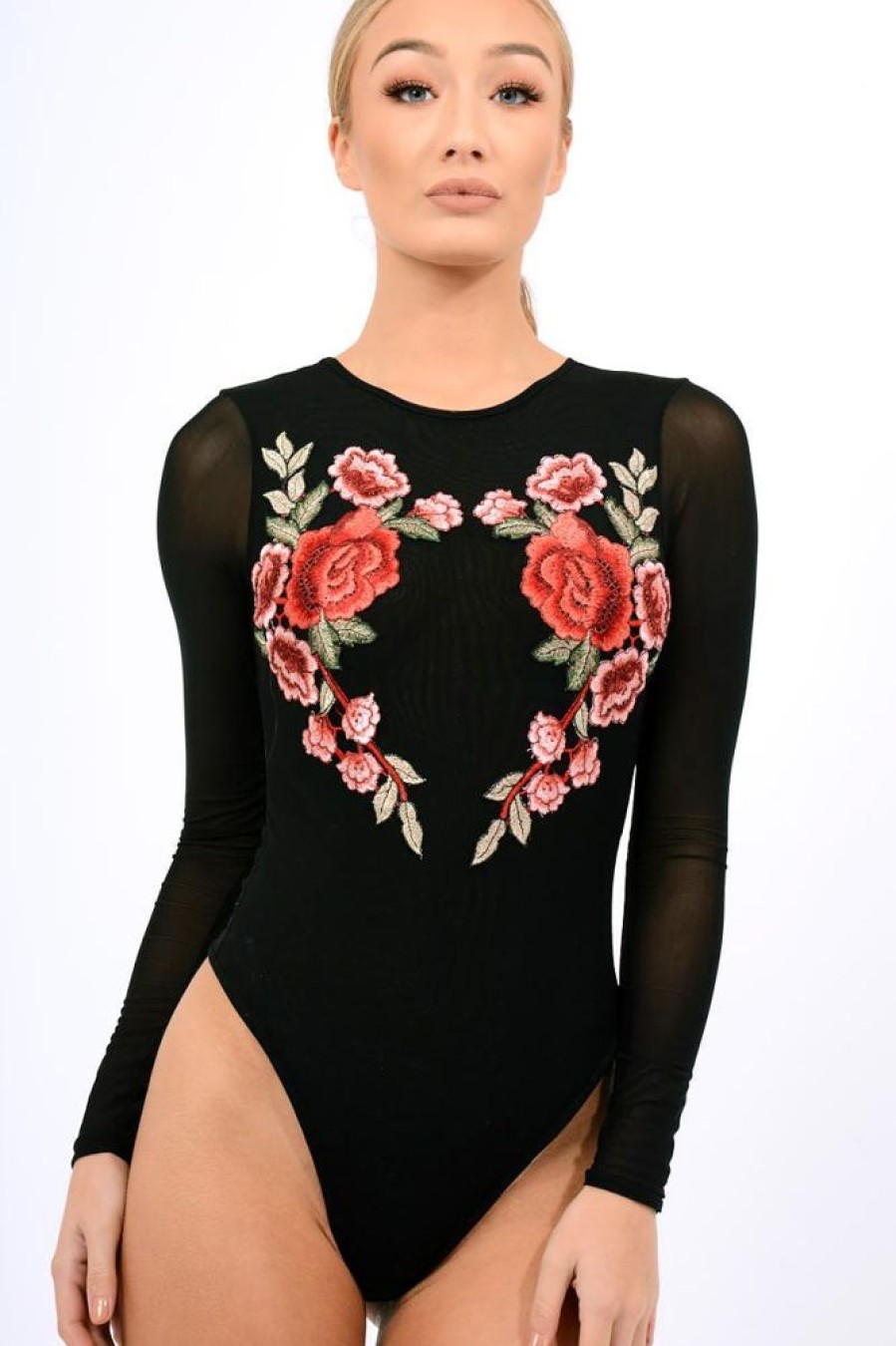 Clothing Rebellious Fashion | Black Long Sleeves Floral Mesh Bodysuit - Daphne