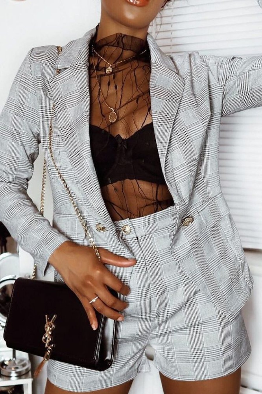 Clothing Rebellious Fashion | Hounds-Tooth Tailored Blazer And Shorts Co-Ord - Catie