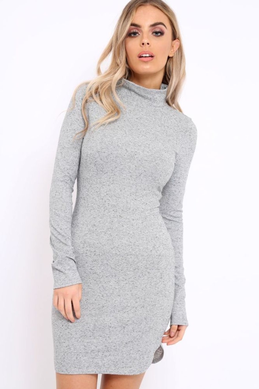 Clothing Rebellious Fashion | Grey Thin Knit Roll Neck Jumper Dress - Lacy