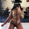 Clothing Rebellious Fashion | Orange Long Sleeve Tiger Print Bodysuit - Reylee