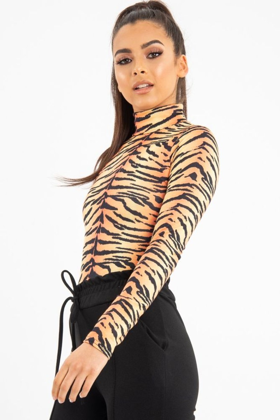 Clothing Rebellious Fashion | Orange Long Sleeve Tiger Print Bodysuit - Reylee