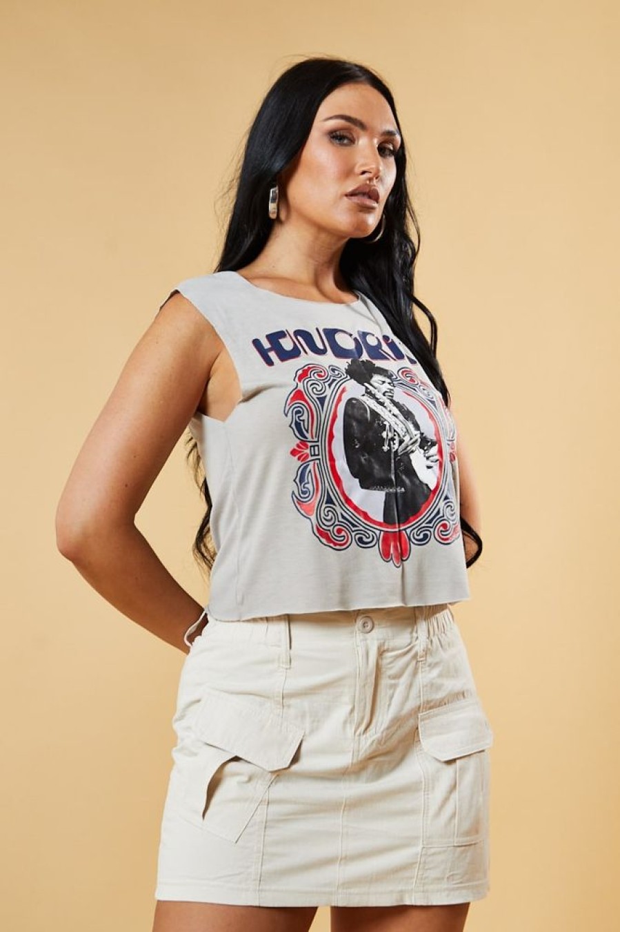 Clothing Rebellious Fashion | Grey Graphic Print Sleeveless Cropped Top - Marta