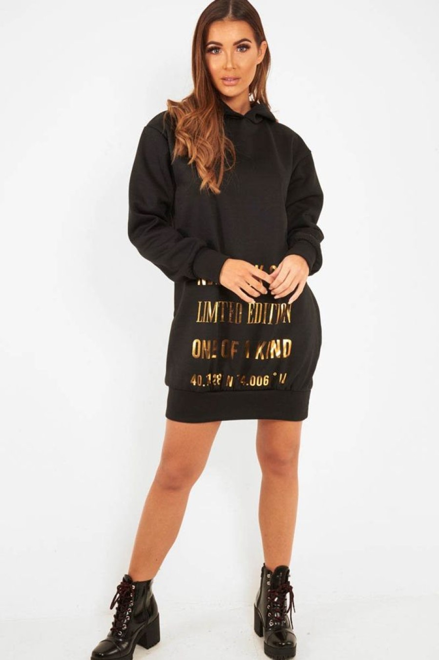 Clothing Rebellious Fashion | Black Gold New York Slogan Hoodie Dress - Sophira