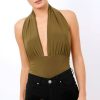 Clothing Rebellious Fashion | Khaki Plunge Halterneck Bodysuit - Lona