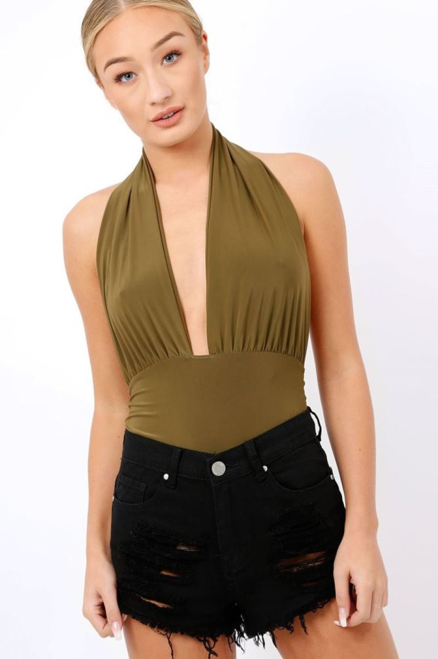 Clothing Rebellious Fashion | Khaki Plunge Halterneck Bodysuit - Lona