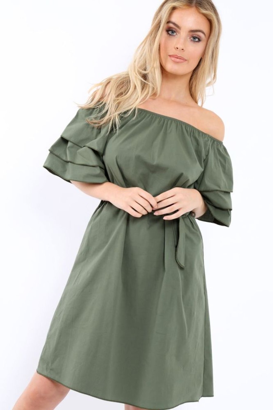 Clothing Rebellious Fashion | Khaki Bardot Dress With Ruffled Sleeves - Breena