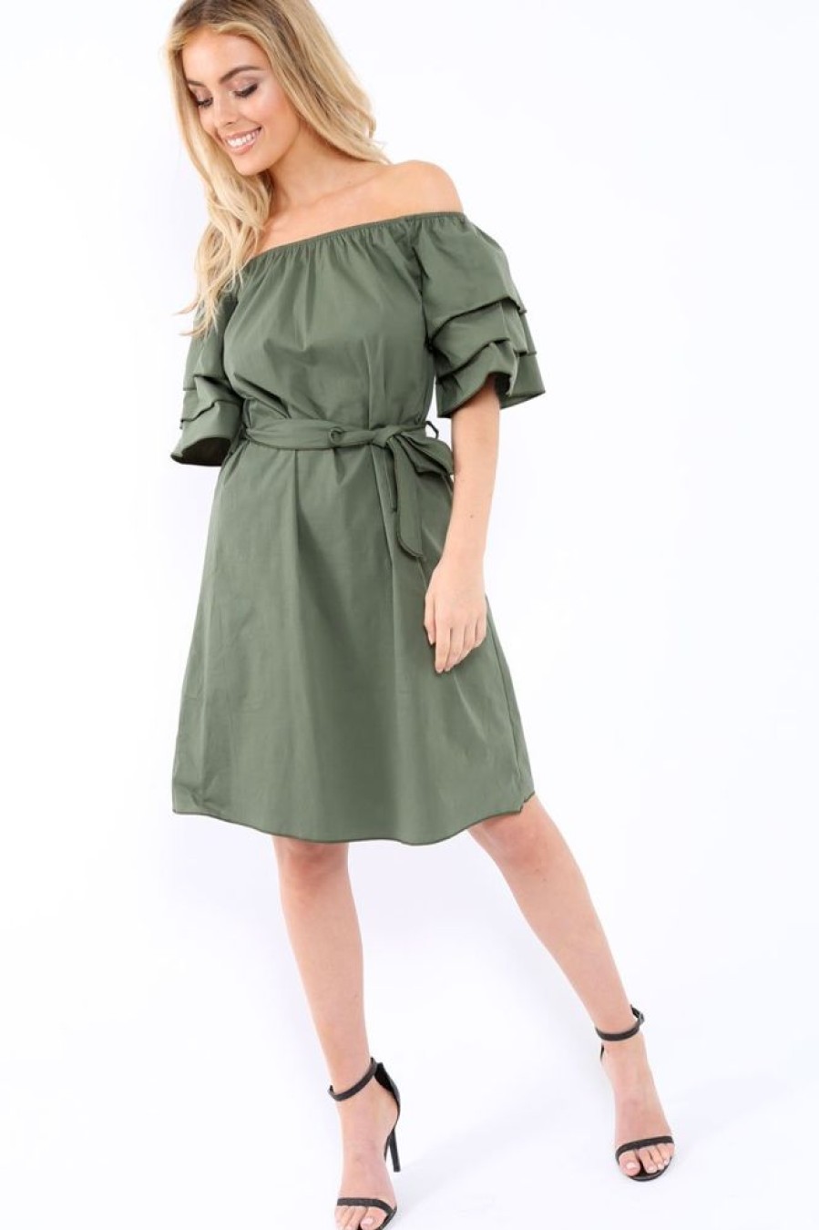 Clothing Rebellious Fashion | Khaki Bardot Dress With Ruffled Sleeves - Breena