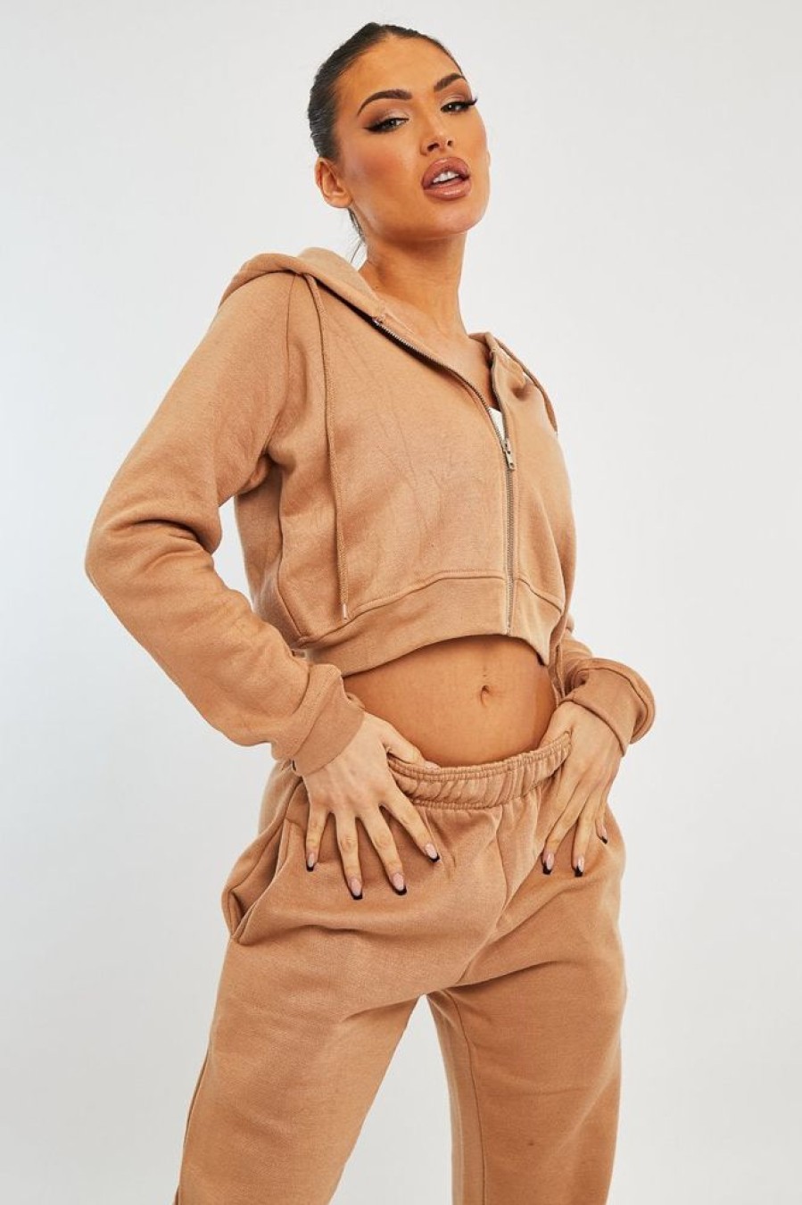 Clothing Rebellious Fashion | Camel Zip Up Cropped Hoodie - Skarlet