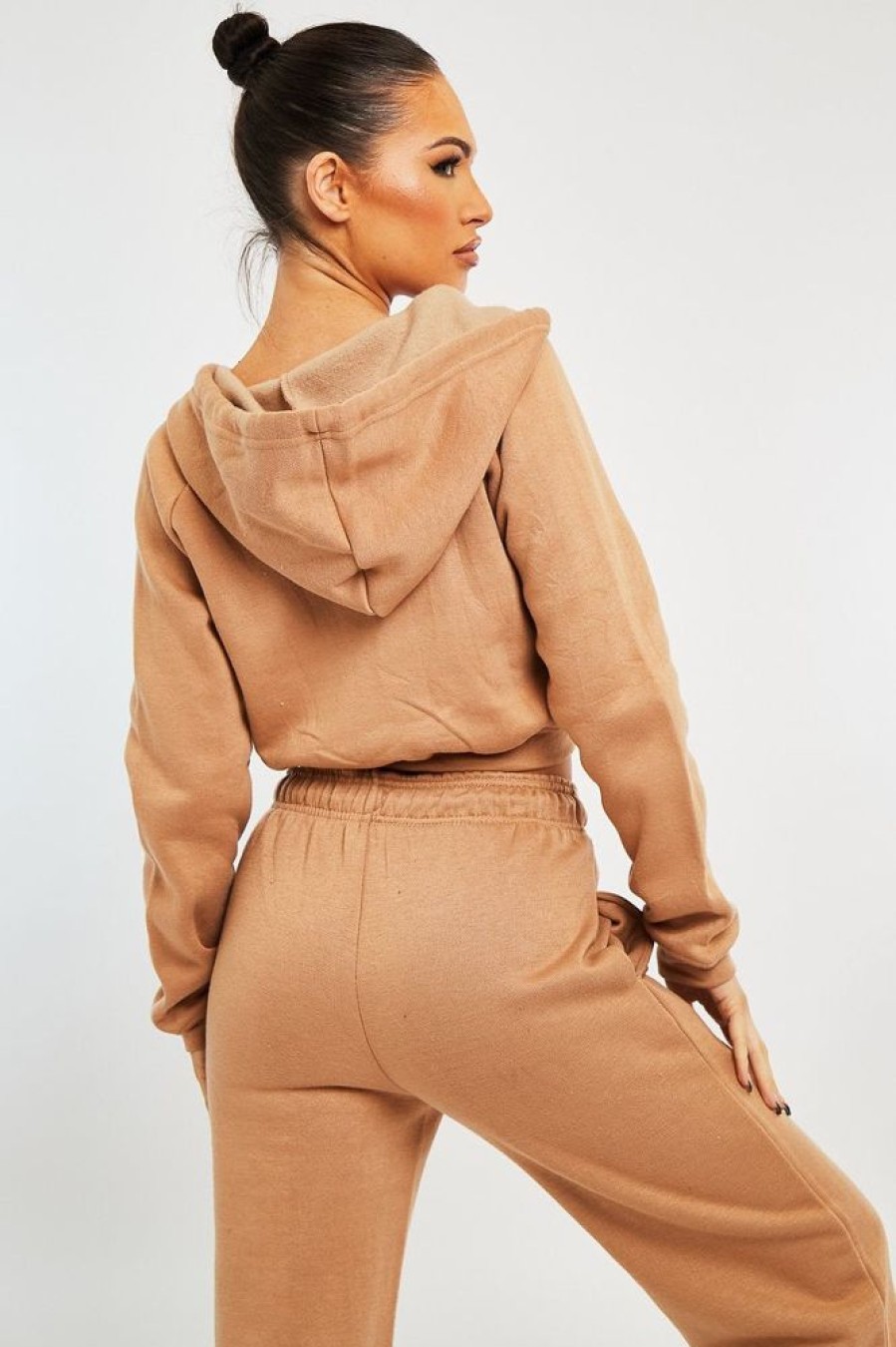 Clothing Rebellious Fashion | Camel Zip Up Cropped Hoodie - Skarlet