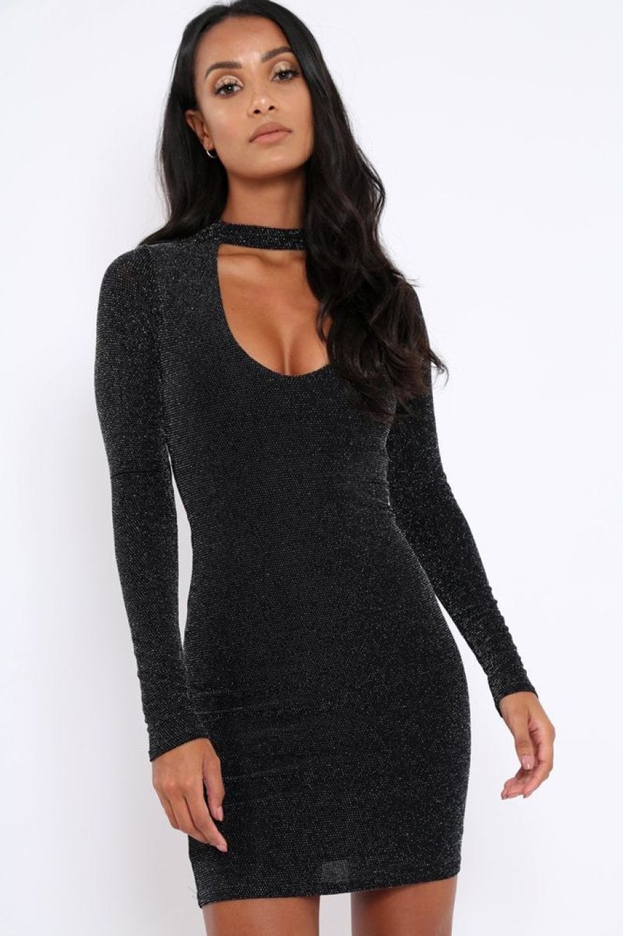 Clothing Rebellious Fashion | Black Sparkle Choker Neck Mini Dress - Kardie