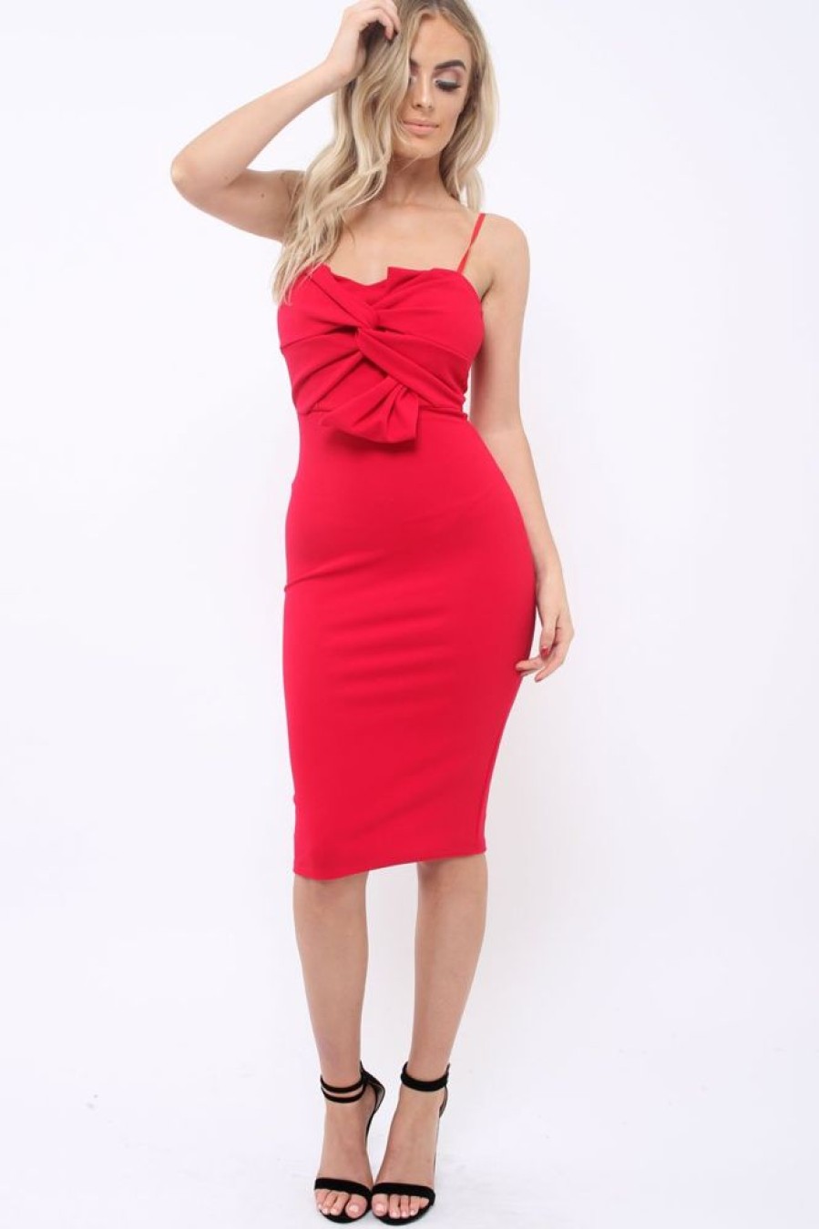 Clothing Rebellious Fashion | Red Bow Front Bodycon Midi Dress - Latisha