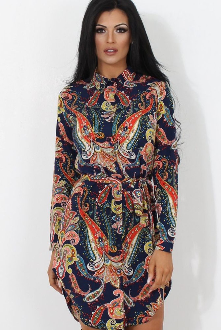 Clothing Rebellious Fashion | Jennifer Navy Paisley Print Shirt Dress