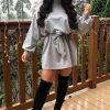 Clothing Rebellious Fashion | Grey Belted Cold Shoulder Jumper Dress - Elston