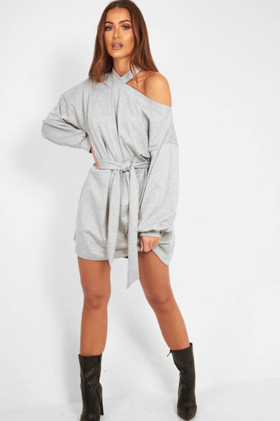 Clothing Rebellious Fashion | Grey Belted Cold Shoulder Jumper Dress - Elston