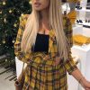 Clothing Rebellious Fashion | Yellow Tartan Crop Blazer Pleated Skirt Co-Ord - Holly