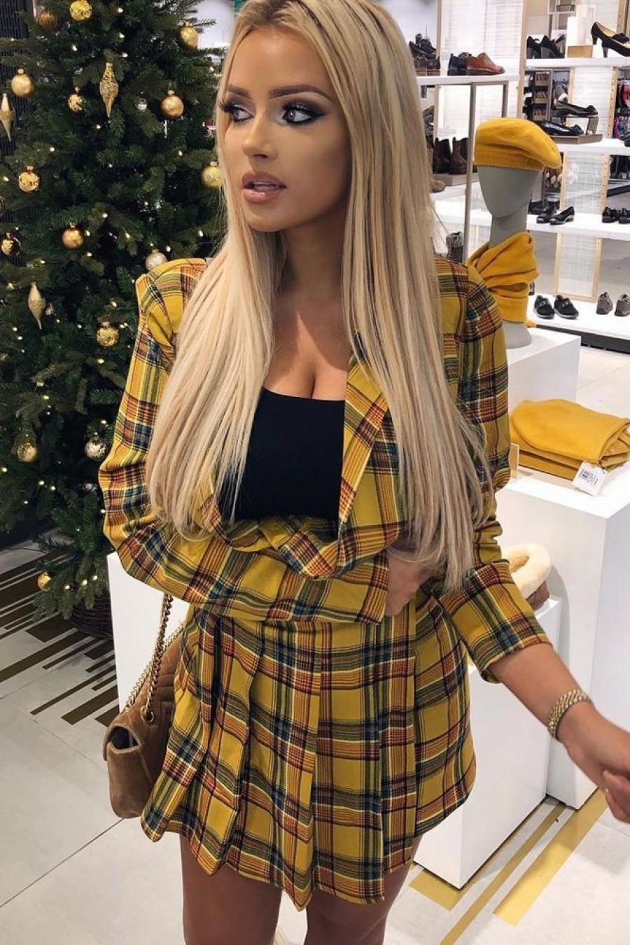 Clothing Rebellious Fashion | Yellow Tartan Crop Blazer Pleated Skirt Co-Ord - Holly