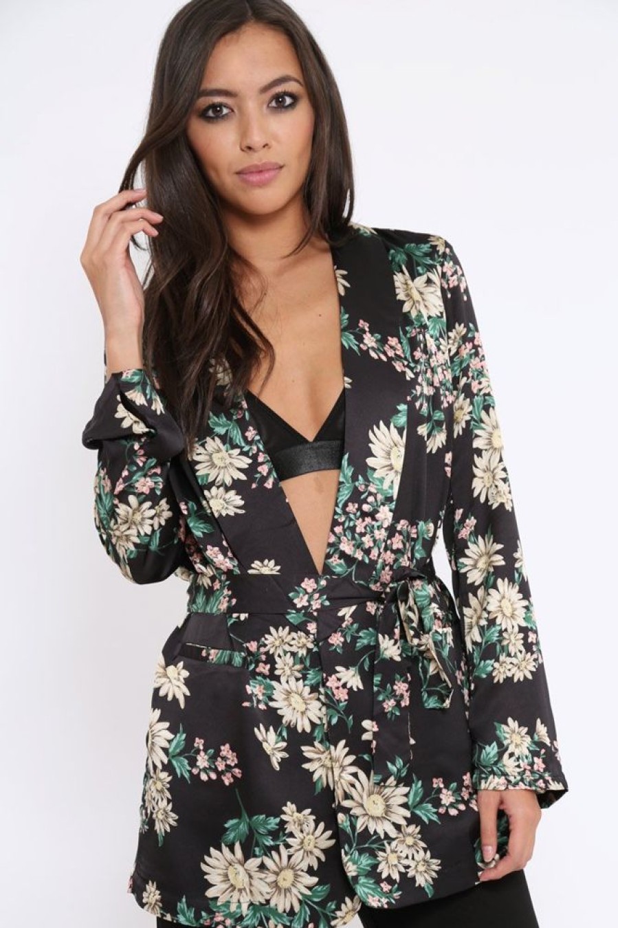 Clothing Rebellious Fashion | Black Floral Satin Blazer Dress - Erica