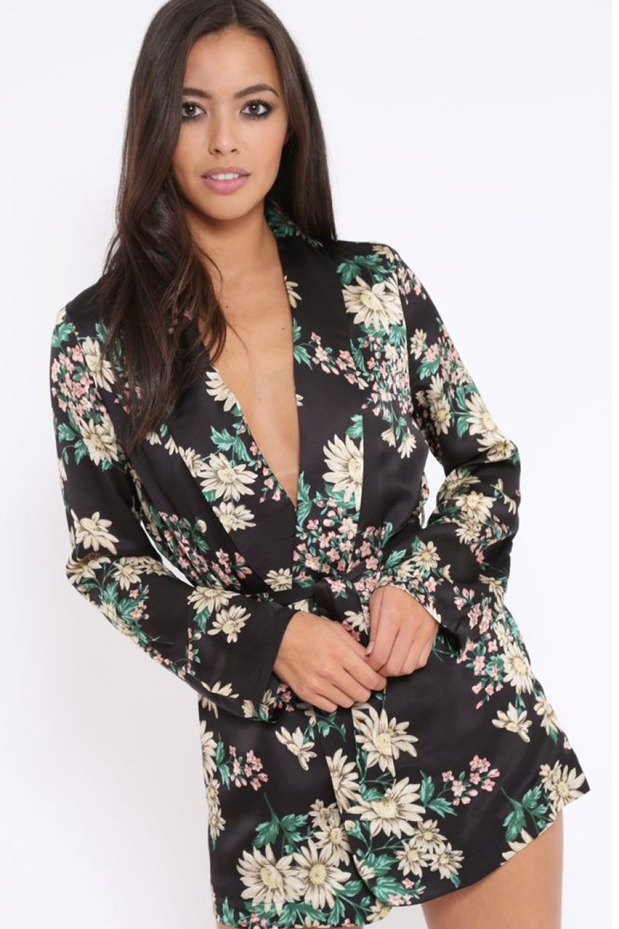 Clothing Rebellious Fashion | Black Floral Satin Blazer Dress - Erica