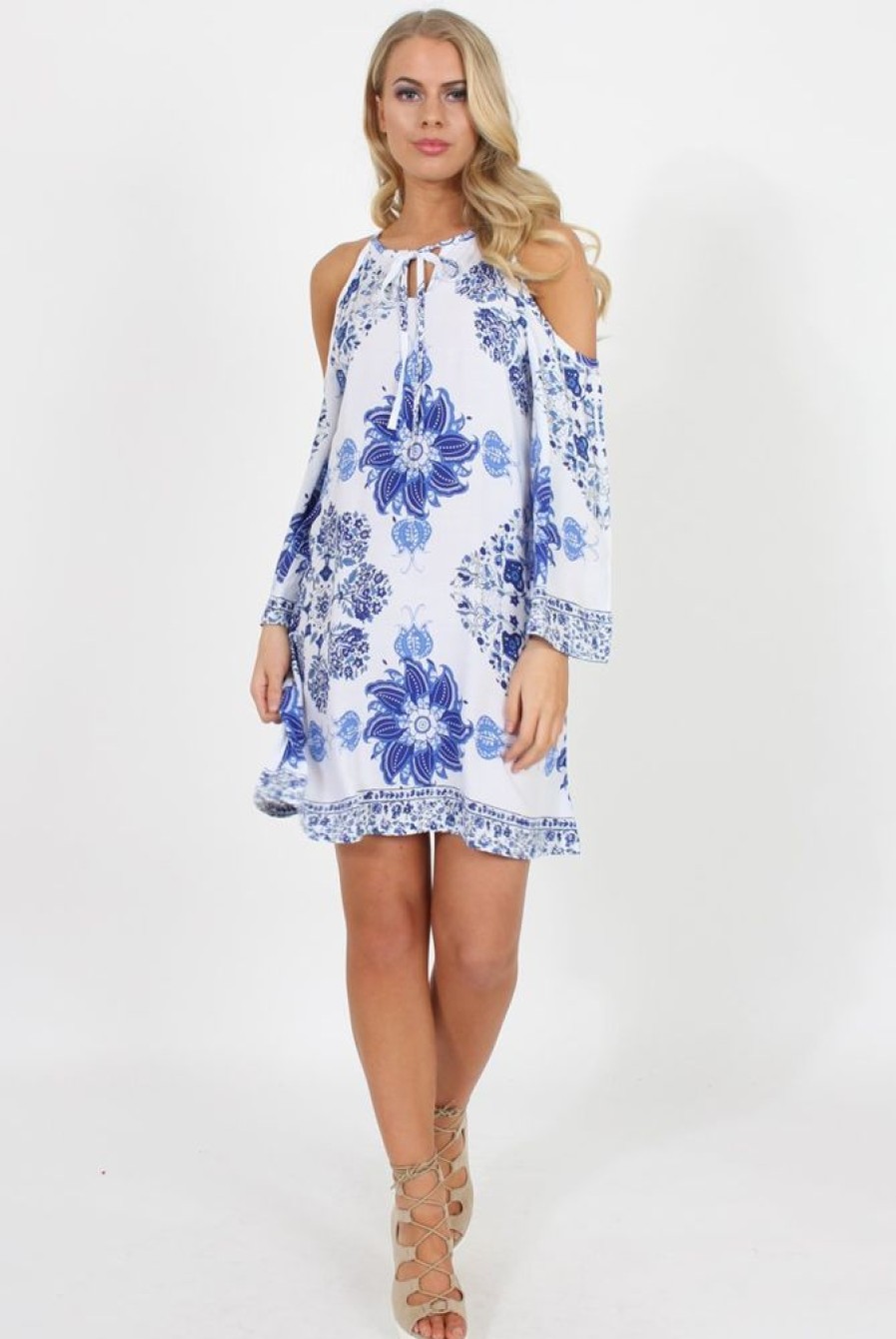 Clothing Rebellious Fashion | Blue Floral Print Cold Shoulder Dress - Penelope