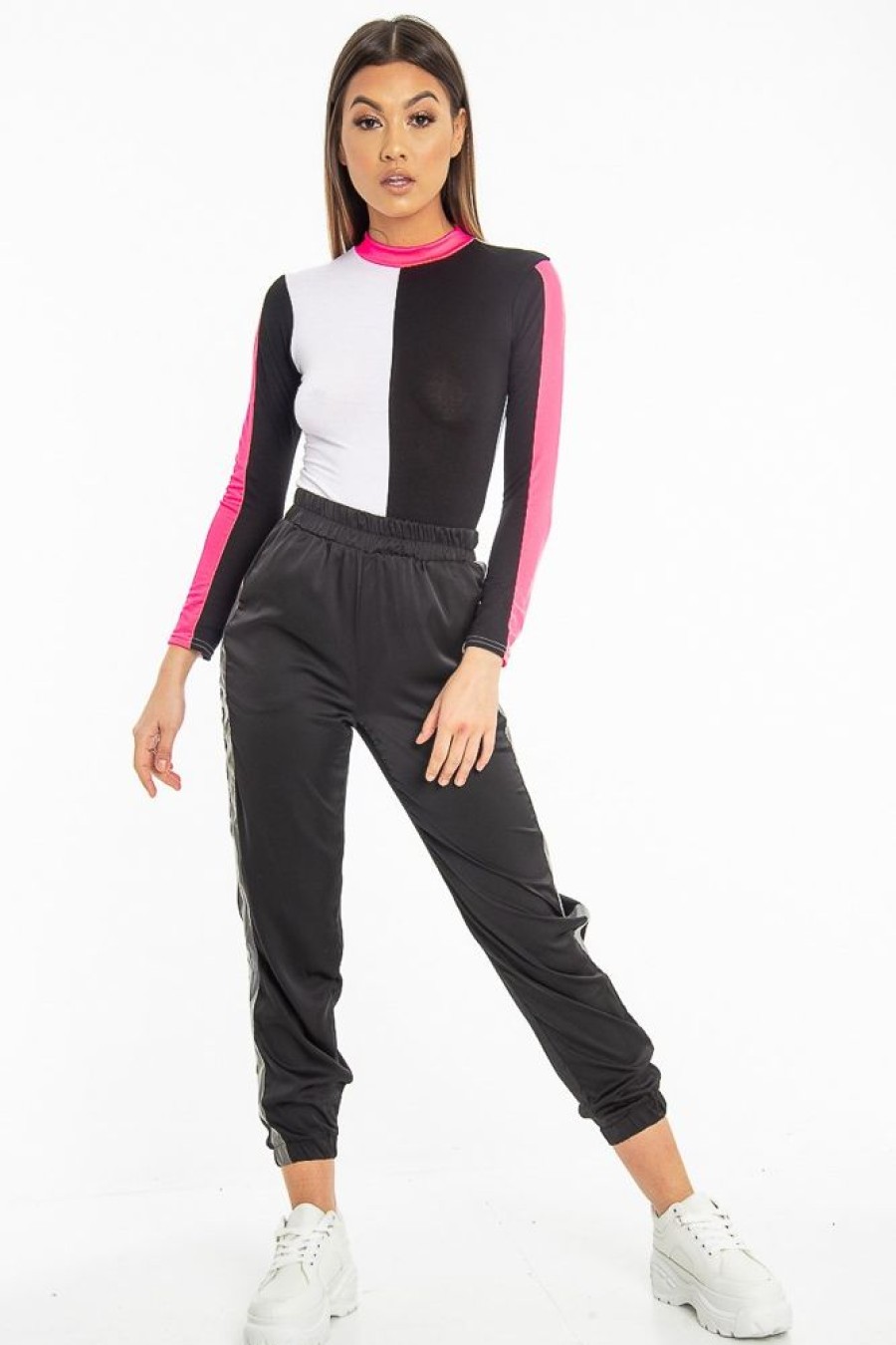 Clothing Rebellious Fashion | White Black And Neon Pink Contrast Long Sleeved Bodysuit - Lareen