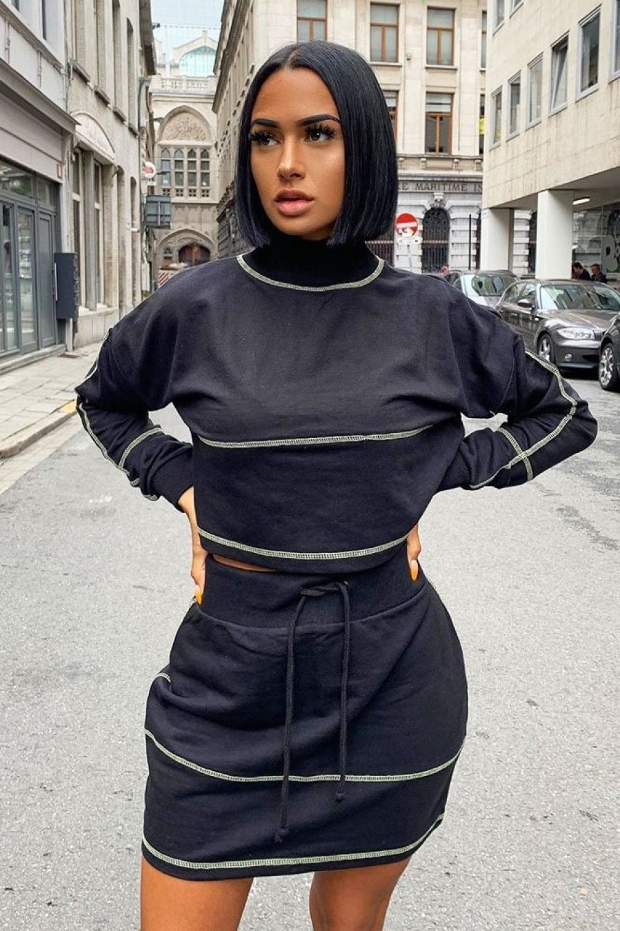 Clothing Rebellious Fashion | Black Lime Contrast Stitch Crop Jumper Skirt Co-Ord - Keva