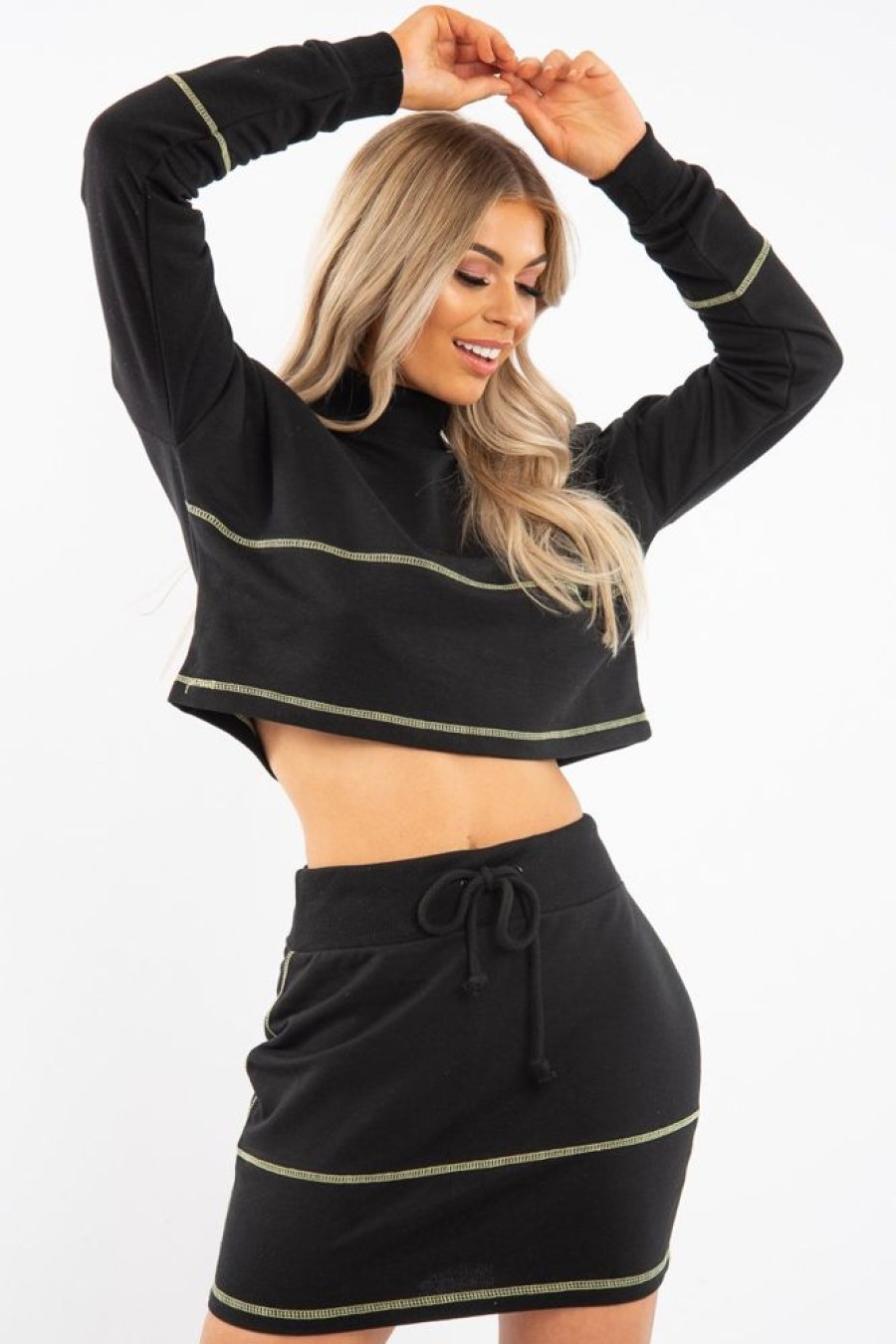 Clothing Rebellious Fashion | Black Lime Contrast Stitch Crop Jumper Skirt Co-Ord - Keva