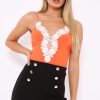 Clothing Rebellious Fashion | Orange Slinky Bodysuit With Floral Embroidery - Adila