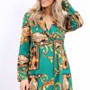 Clothing Rebellious Fashion | Green Scarf Print Button Detail Blazer Dress - Hannah