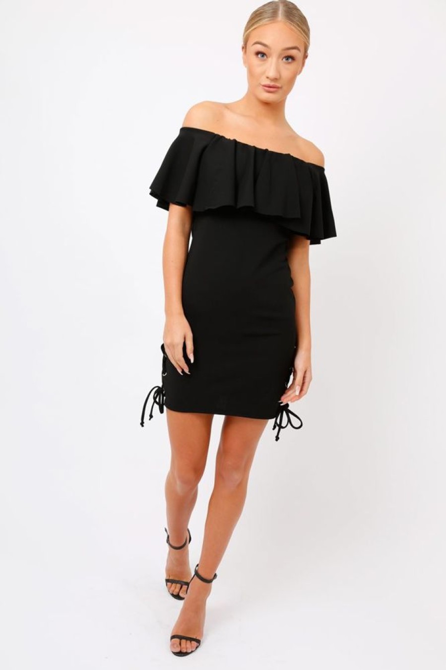 Clothing Rebellious Fashion | Black Bardot Tie Up Eyelet Dress - Myra