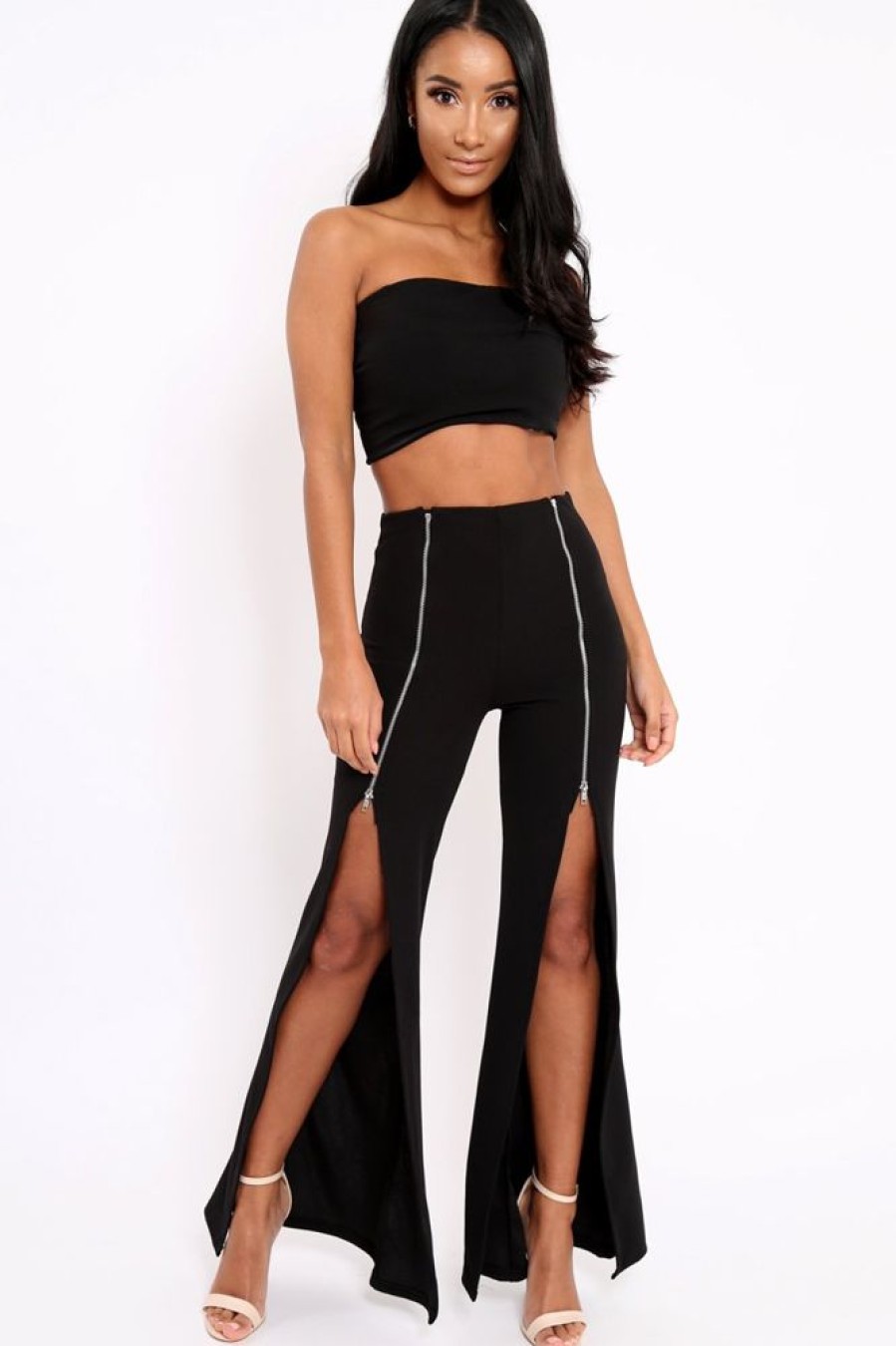 Clothing Rebellious Fashion | Black Bandeau Crop Top And Zip Front Trousers Co-Ord - Ellenie