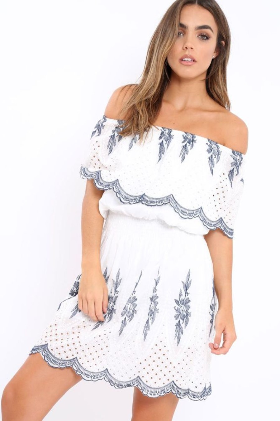 Clothing Rebellious Fashion | White Embroidered Bardot Dress - Lottie