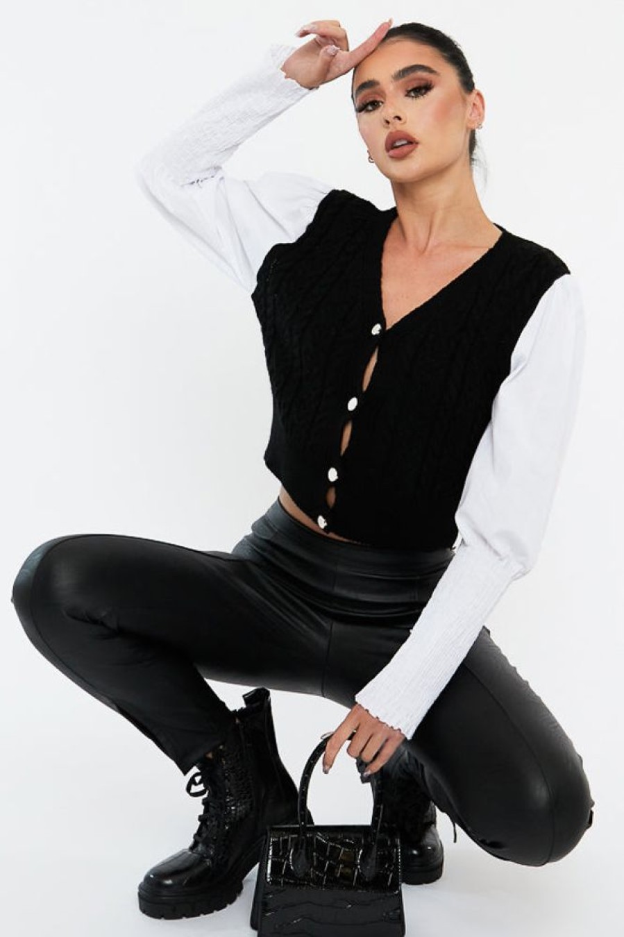 Clothing Rebellious Fashion | Black Contrast Sleeves Knitted Top - Mckaela