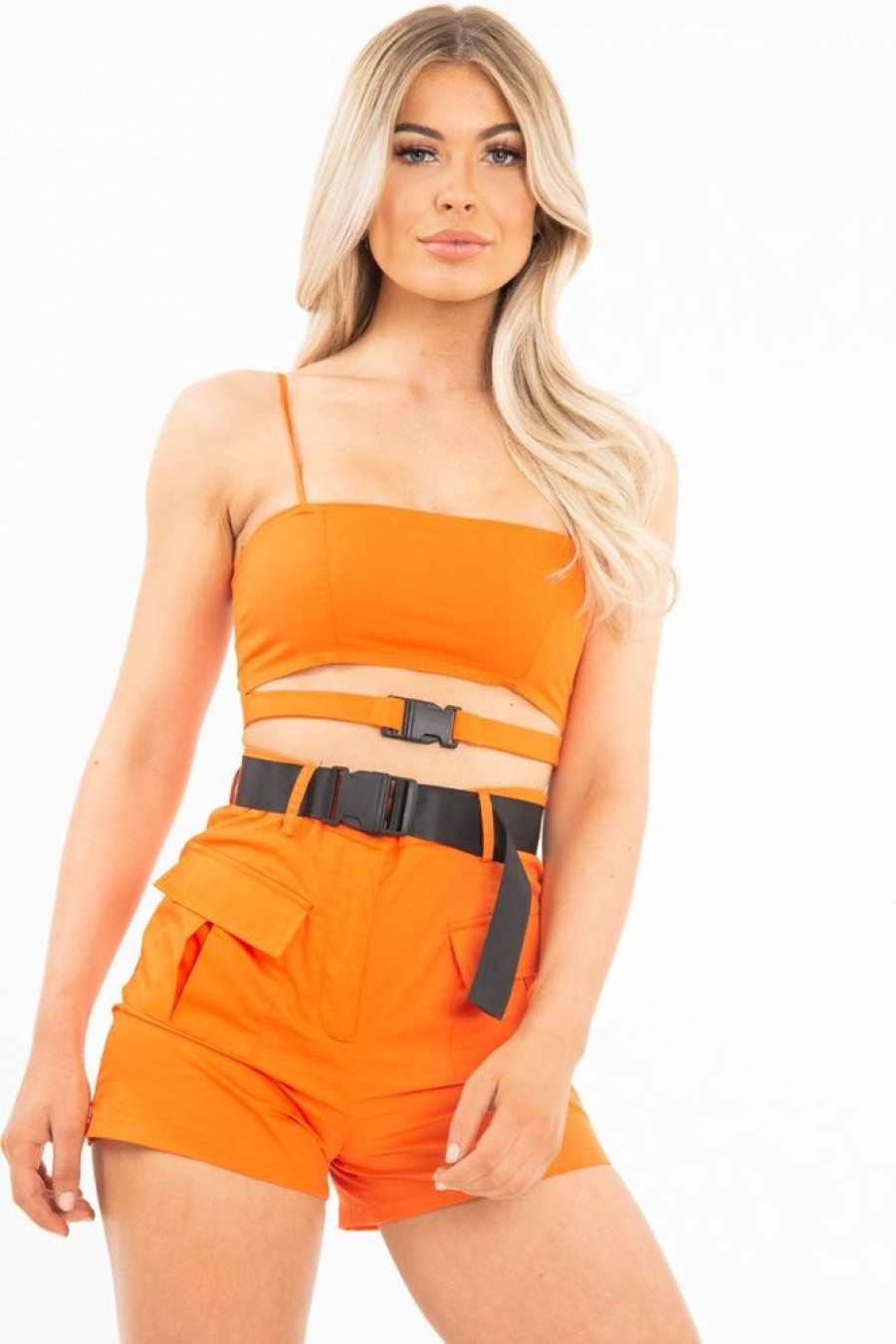 Clothing Rebellious Fashion | Orange Utility Pocket Crop Top And Shorts Co-Ord -Juri