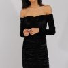 Clothing Rebellious Fashion | Black Velvet Ruched Bardot Bodycon Dress - Louise