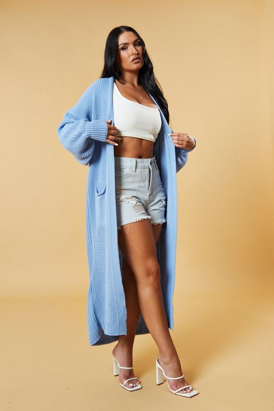 Clothing Rebellious Fashion | Light Blue Longline Knit Maxi Cardigan - Ema