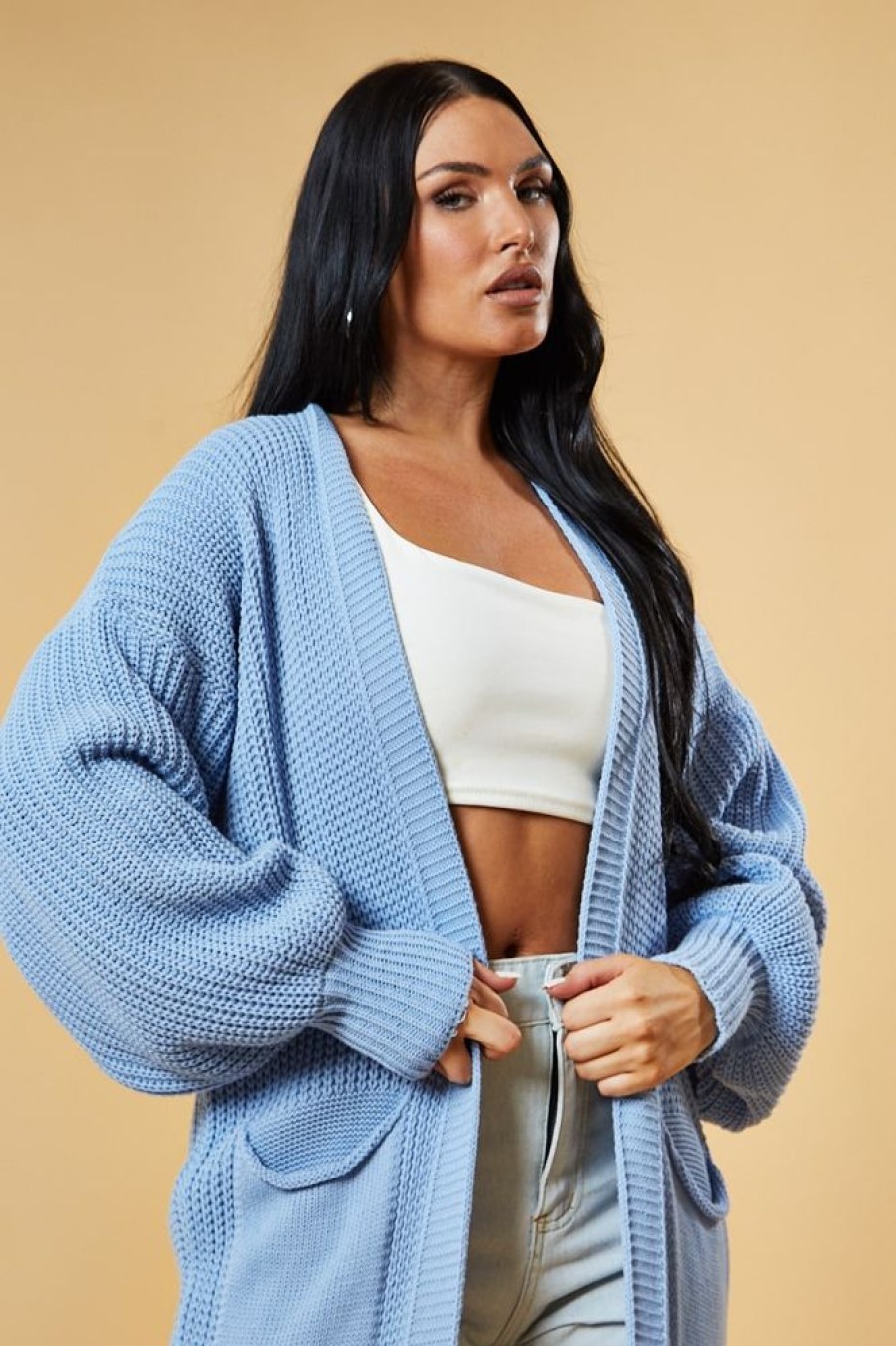 Clothing Rebellious Fashion | Light Blue Longline Knit Maxi Cardigan - Ema