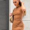 Clothing Rebellious Fashion | Camel High Neck Side Ruched Mini Bodycon Dress - Nia