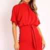 Clothing Rebellious Fashion | Red Glitter Batwing Sleeve Belted Dress - Florene