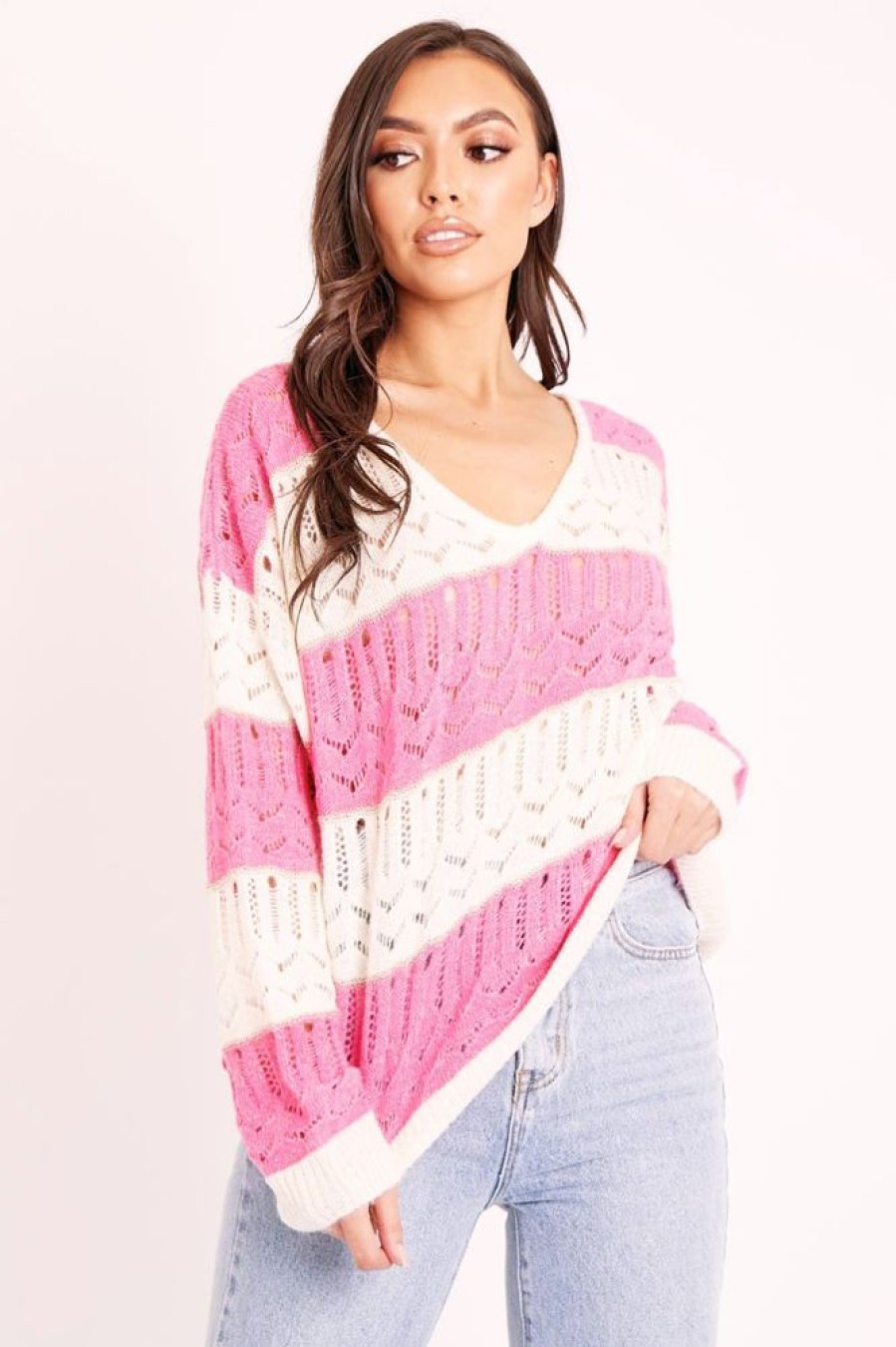 Clothing Rebellious Fashion | Pink Striped Metallic Thread Knit Jumper - Aarolyn