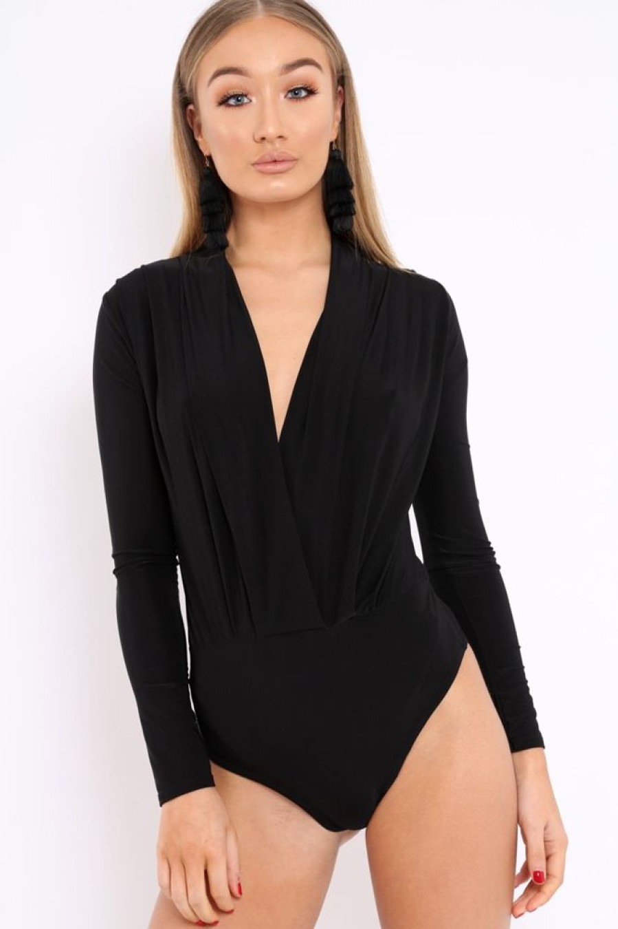 Clothing Rebellious Fashion | Black Slinky Plunge Front Bodysuit - Connie