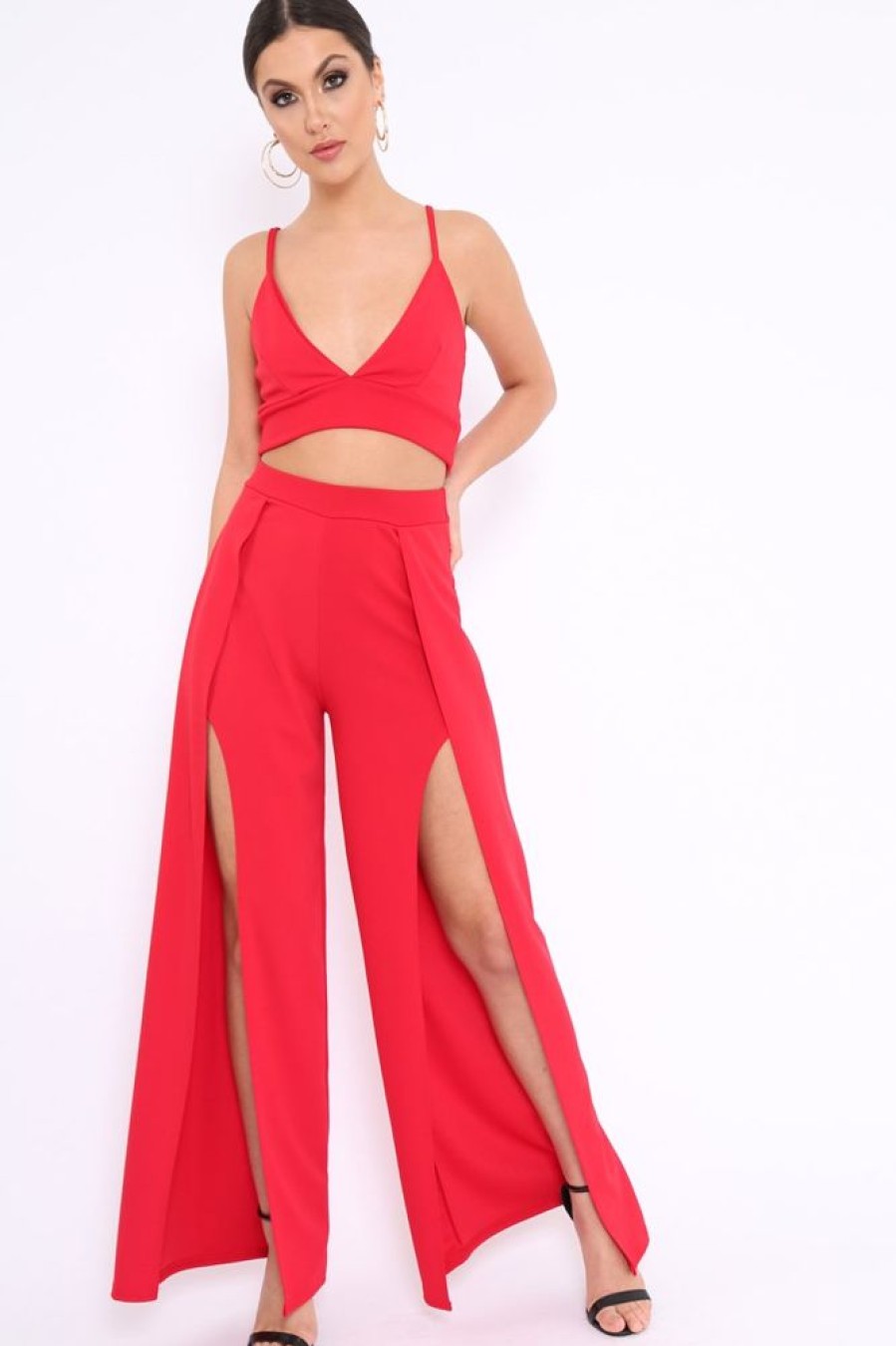 Clothing Rebellious Fashion | Red Bralet And Split Front Wide Trousers Co-Ord - Alesana