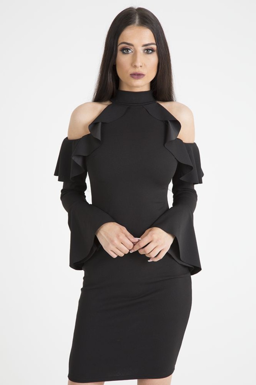 Clothing Rebellious Fashion | Black Frill Detail Cold Shoulder Dress - Bonnie