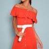 Clothing Rebellious Fashion | Red Bardot Frill Button Front Dress - Julissa