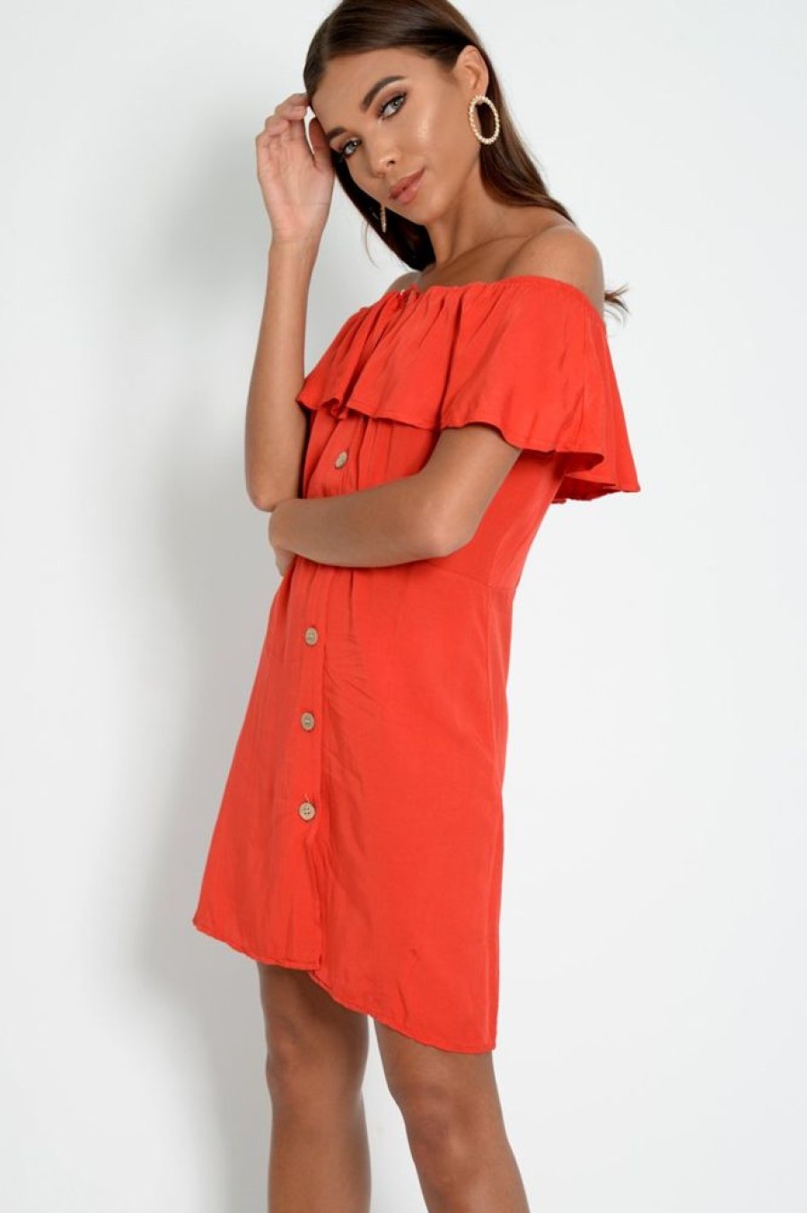 Clothing Rebellious Fashion | Red Bardot Frill Button Front Dress - Julissa