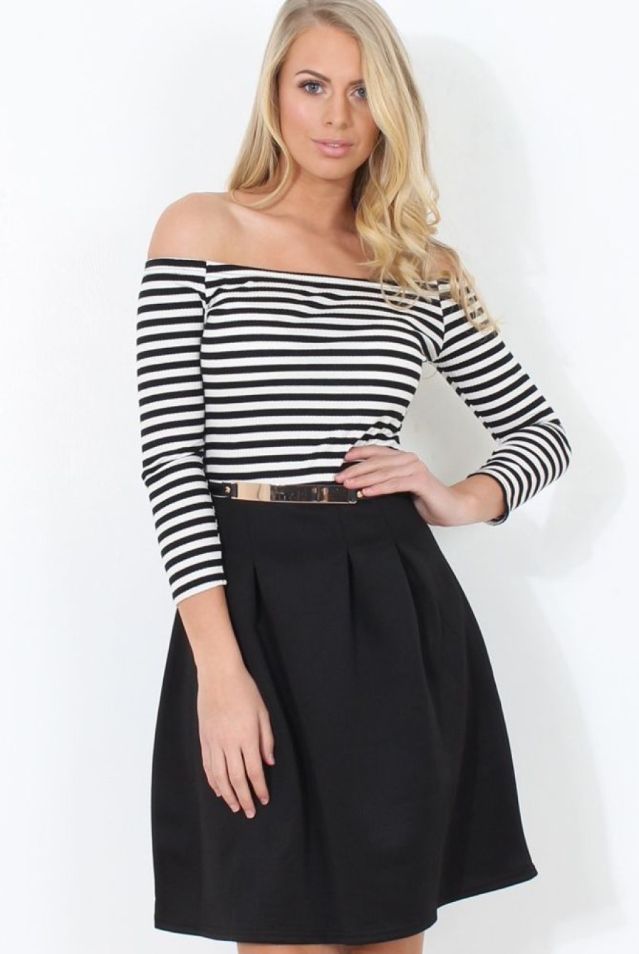 Clothing Rebellious Fashion | Black & White Off The Shoulder Skater Dress - Jacqui